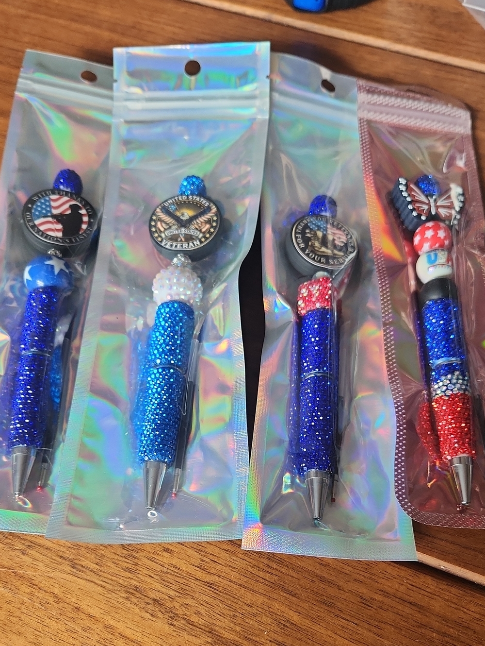 4 Blue Glitter Beaded Ballpoint Pen Party Favor - Patriotic Design